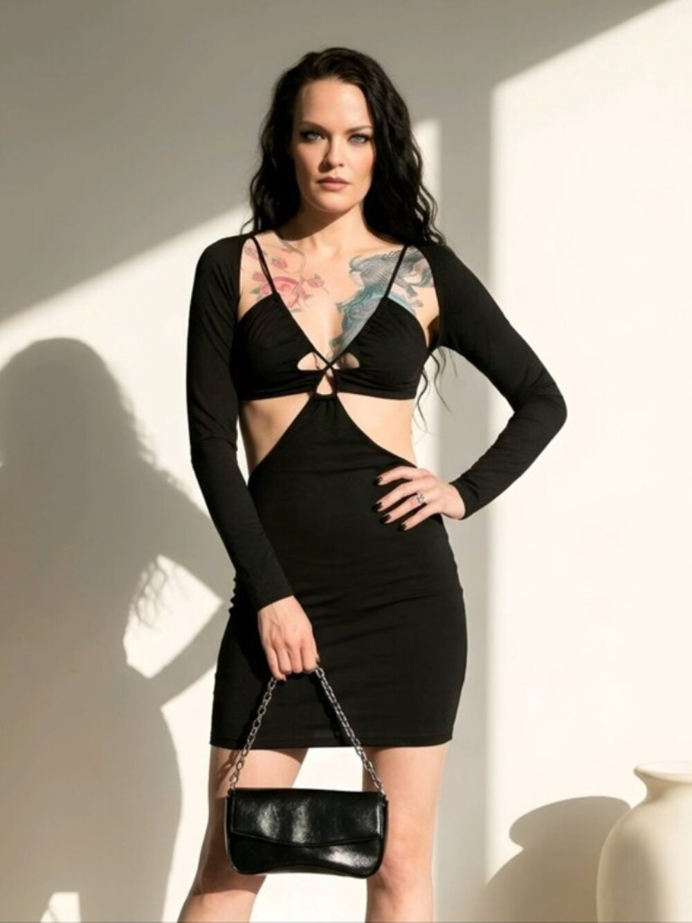 Tresser ✦ Black Cut-Out Mini Dress ✦ Long Sleeves Bodycon Stretch Y2K M NWT